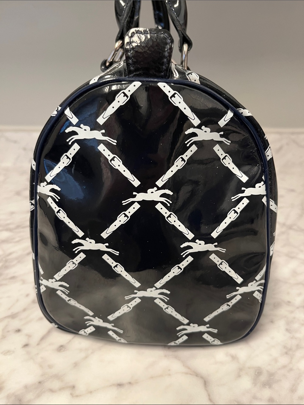 Longchamp Blue Patent Leather Satchel with White Chain-Link Pattern - Picture 6 of 9